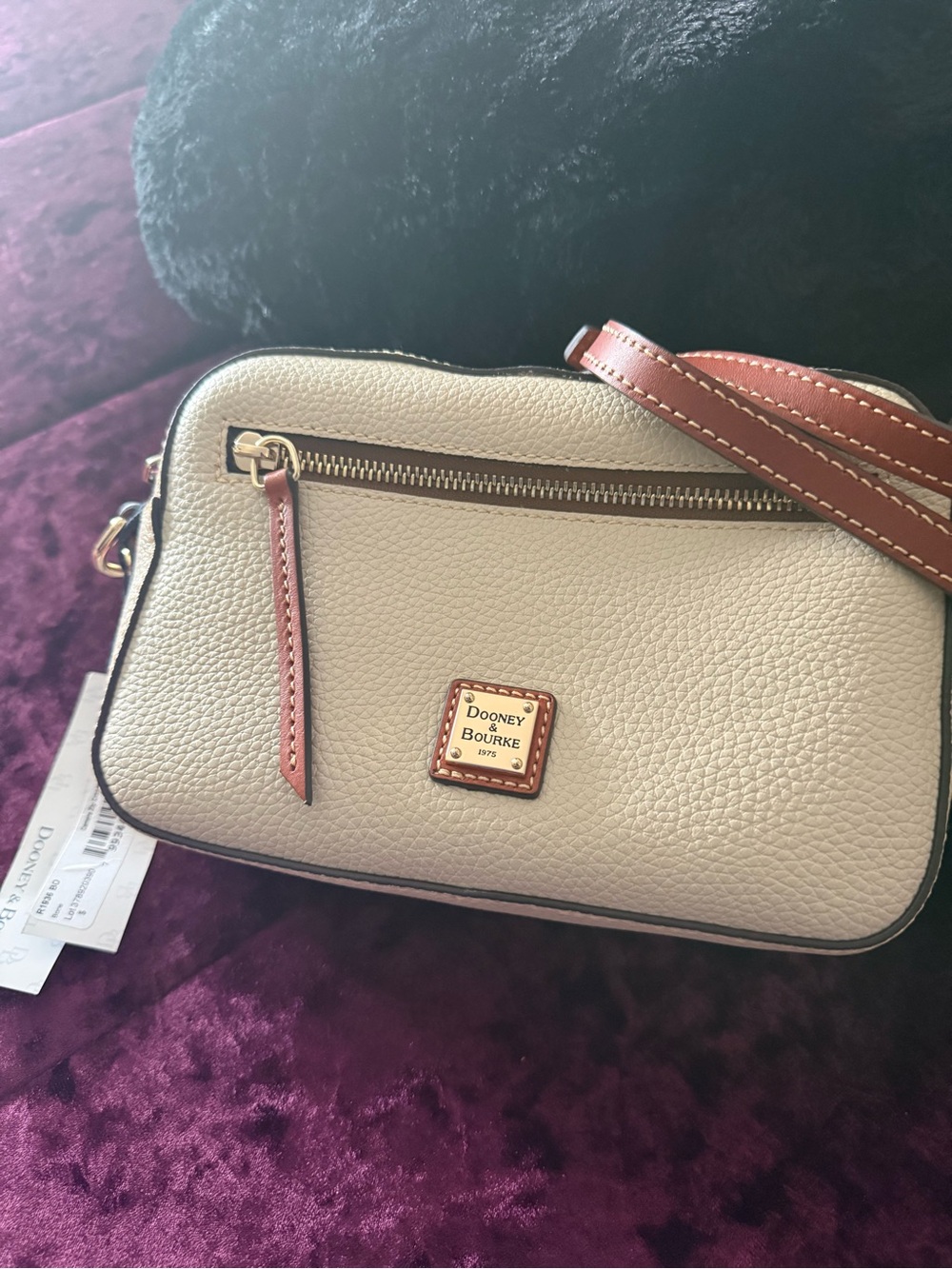 Dooney & Bourke Cream Pebble Leather Crossbody with Brown Trim and Strap